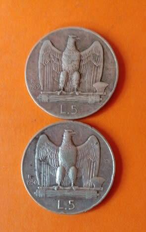 Italy -1929 and 1930 -5 Lire -Vittorio Emanuele III -Silver Coins.
