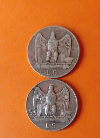 Italy -1929 and 1930 -5 Lire -Vittorio Emanuele III -Silver Coins.