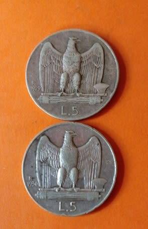 Italy -1929 and 1930 -5 Lire -Vittorio Emanuele III -Silver Coins.
