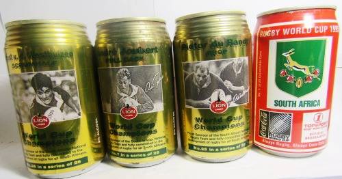 1995 RUGBY WORLD CUP MEMORABILIA 3 X COLLECTIBLE LION BEER CANS  AND COKE CAN (ALL FULL)