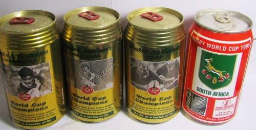 1995 RUGBY WORLD CUP MEMORABILIA 3 X COLLECTIBLE LION BEER CANS  AND COKE CAN (ALL FULL)