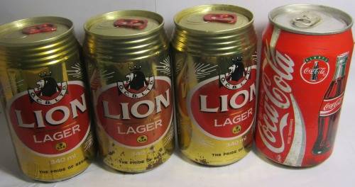 1995 RUGBY WORLD CUP MEMORABILIA 3 X COLLECTIBLE LION BEER CANS  AND COKE CAN (ALL FULL)