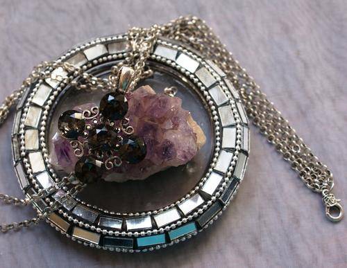 Tibetan Silver Multi-chain necklace with clip on Diamante Pendant