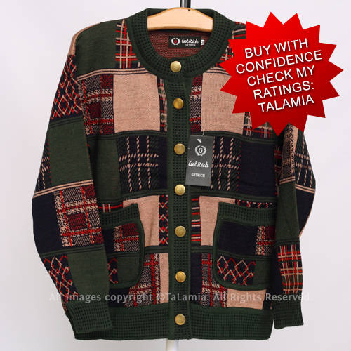 Dark green & red round neck patchwork patterns button up jersey