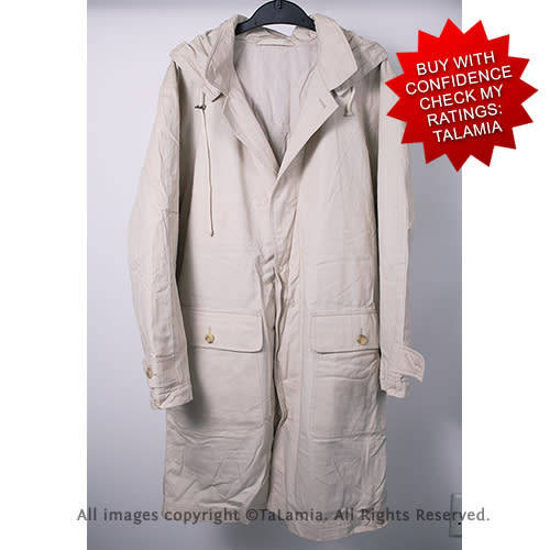 Mens stone cream longer length jacket with so many utility pockets and removable hood