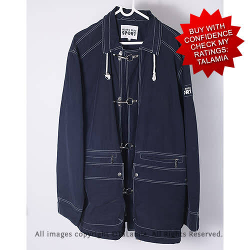 Mens dark navy blue (almost black) sport jacket with metal clasp closures