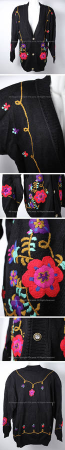 Womens large size black bohemian jersey with floral knit embroidery