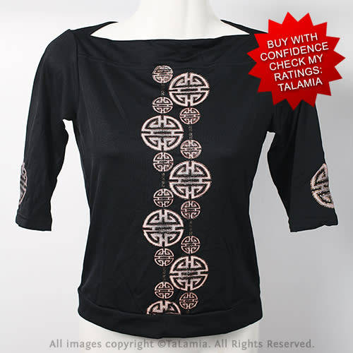 Ladies high stretch three quarter sleeve black asian motif top