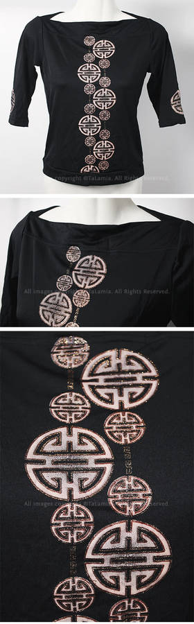 Ladies high stretch three quarter sleeve black asian motif top