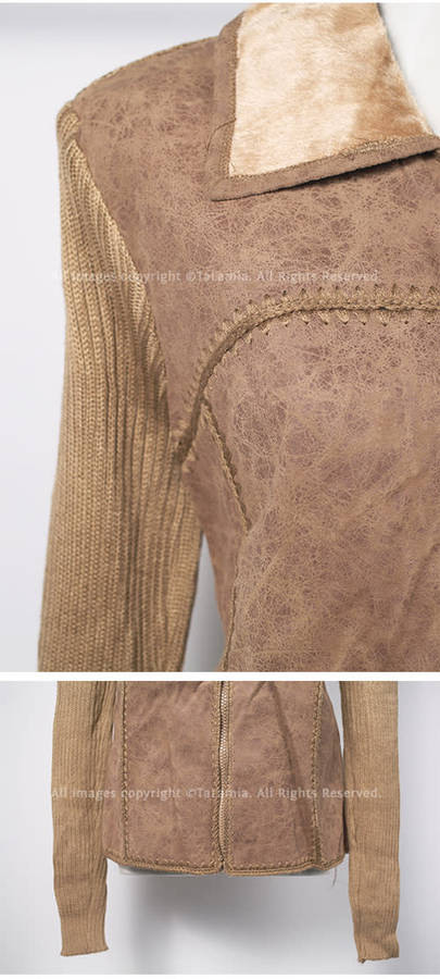 Ladies brown light weight faux leather and fur and knit jacket