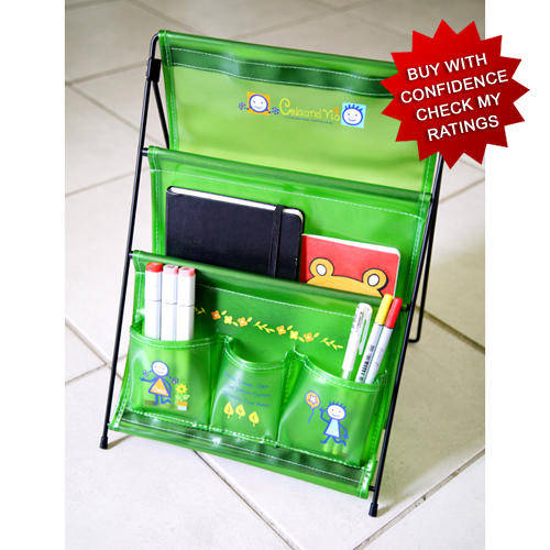 Adorable desk stationery organiser in durable thick green plastic with metal frame