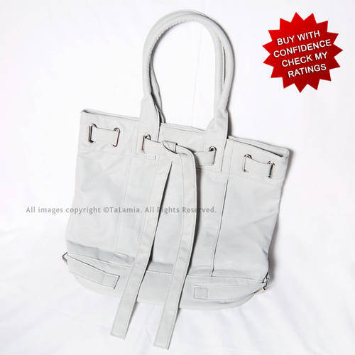 Soft light grey leatherette handbag with feminine bowtie