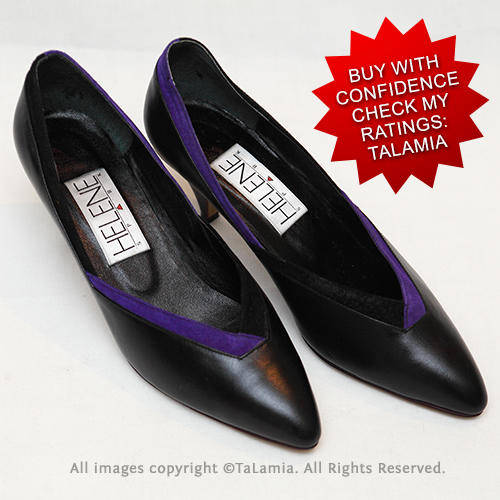 Vintage black genuine LEATHER heels with purple suede accent strip Helene Spark label