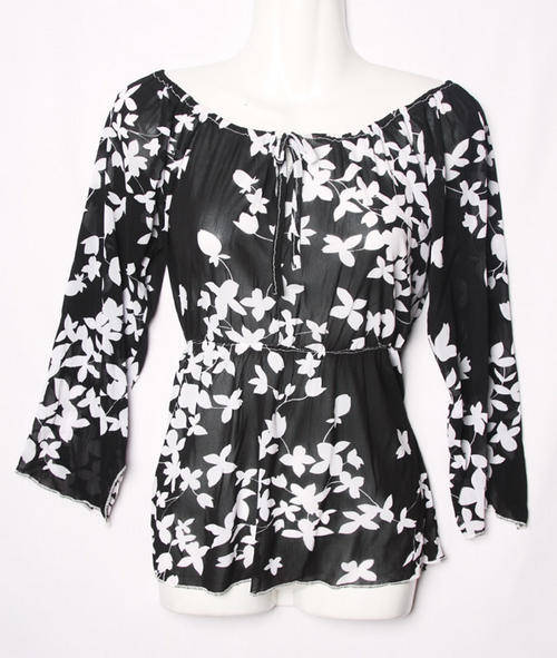 Black with white floral silhouette stretch chiffon wipsy feminine ladies top