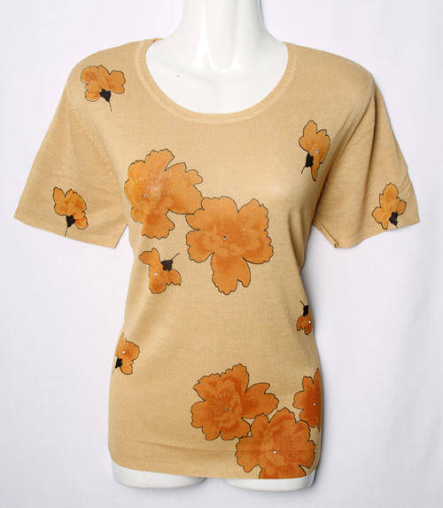 Ladies cream beige lightweight sweater top with golden orange flowers ONE