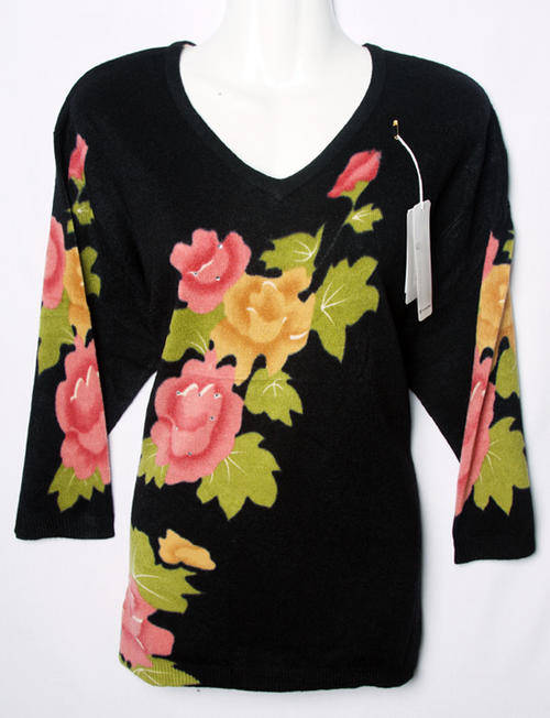 Soft ladies black sweater jersey with colourful flowers and diamente details