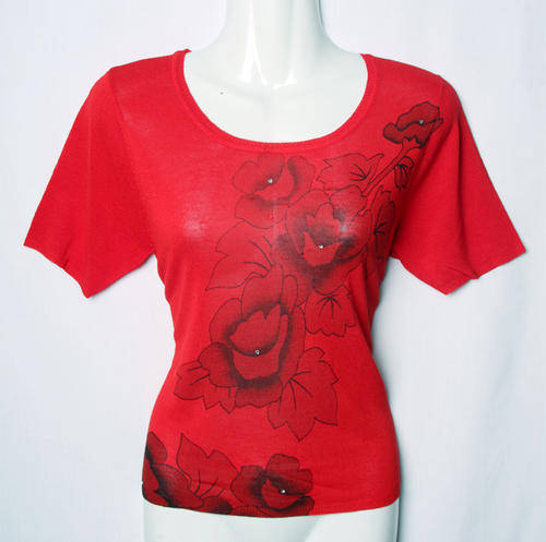 Womens lightweight red sweater top with flowers and diamante details