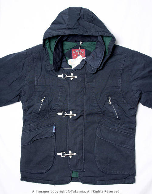 Thick navy black hooded winter jacket with metal clamp closures and green interior