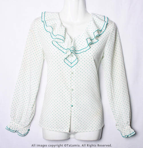 Ladies white blouse with fine turquoise polka dots and large ruffle collar