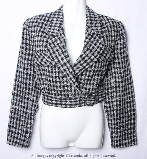 Womens sophisticated black and white quality import short tweed jacket with buckle