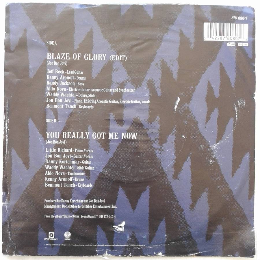 VINYL - Jon Bon Jovi - Blaze Of Glory (45 RPM 7 inch UK release) (1990)