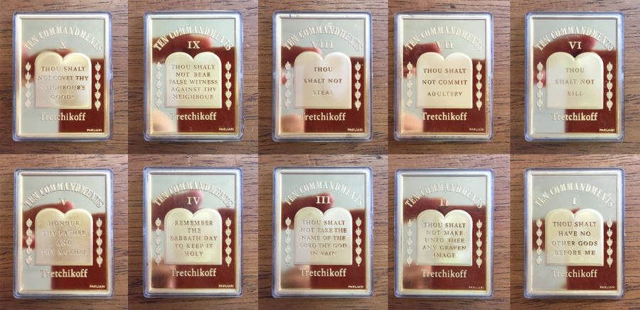 Ten Commandments by Tretchikoff precious metal medallion set. (Gold-plated sterling silver)