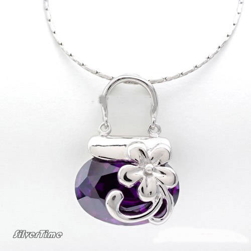 Purple Zirconia on White Gold-Plated Sterling Silver Pendant 50021