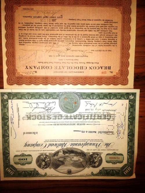 2 X share certificates Beacon Chocolate CO 1924 and The Pennsylvania Rail Road Co 1963