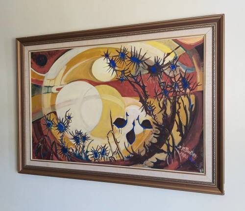 Large oil painting of guinea fowl by Rose-Marie Budler