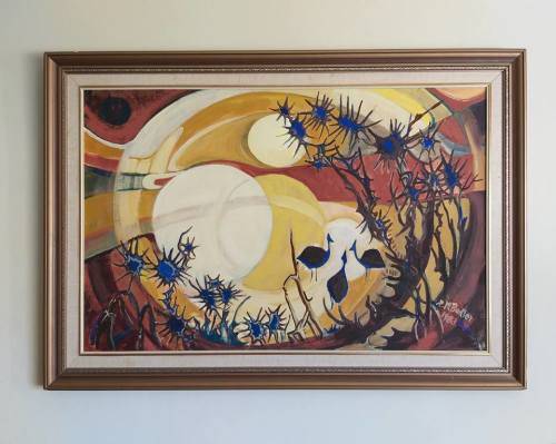 Large oil painting of guinea fowl by Rose-Marie Budler