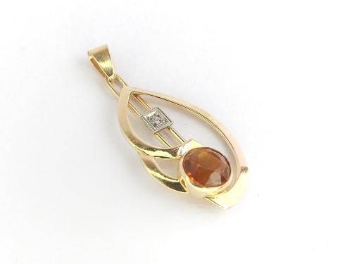 Modernist 14ct gold honey topaz & diamond pendant