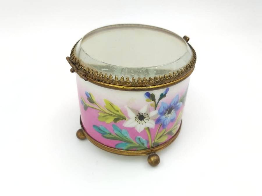 Antique French painted glass trinket box