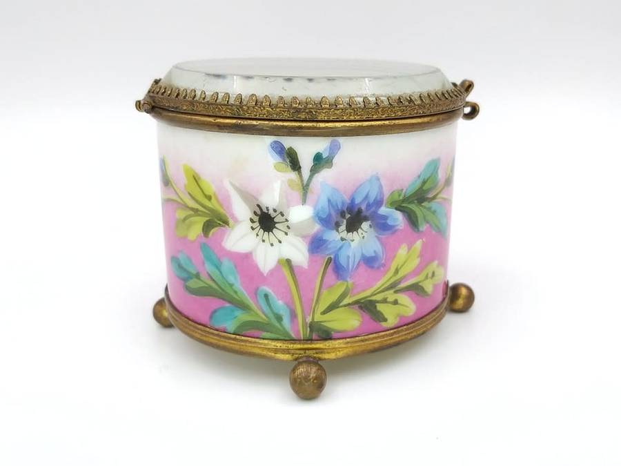 Antique French painted glass trinket box