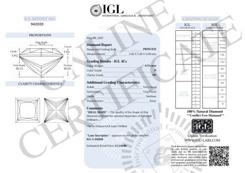 Certified 0.74 Carat D SI2 Princess Natural Loose Diamond