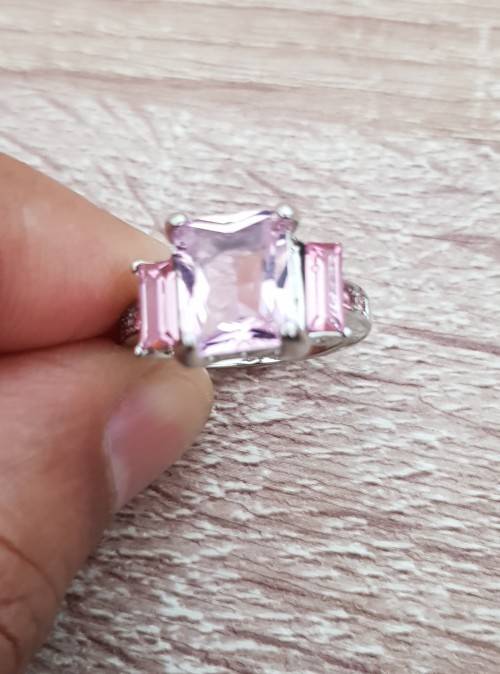 Pink Emerald Cut Sapphire Ring  Rhodium Plated Wedding Engagement Jewelry