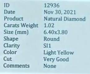 "CERTIFIED" Diamond  1.02Cts  Light Yellow Round Natural Diamond