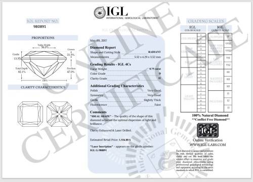 0.75Cts DIAMOND RADIANT CUT `CERTIFIED` SPARKLING  D WHITE COLOR NATURAL