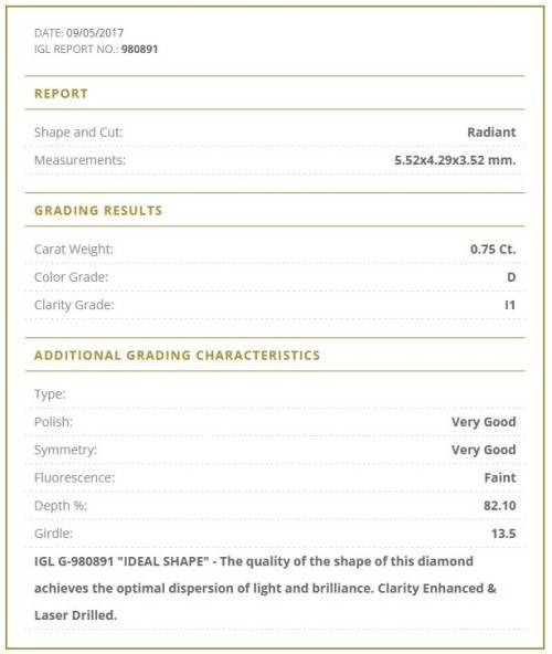 0.75Cts DIAMOND RADIANT CUT `CERTIFIED` SPARKLING  D WHITE COLOR NATURAL