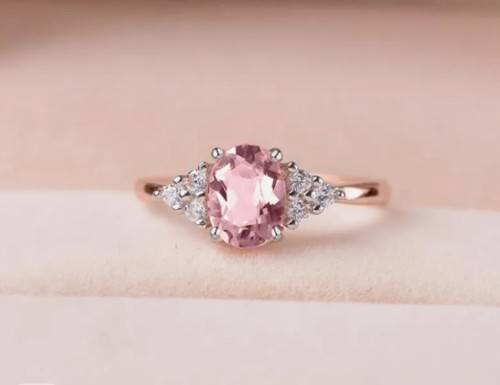 Pink Oval Crystal Engagement Ring in  Rose Gold