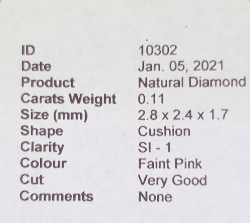 0.11cts Diamond Cushion Cut SI1 Faint Pink  CERTIFIED