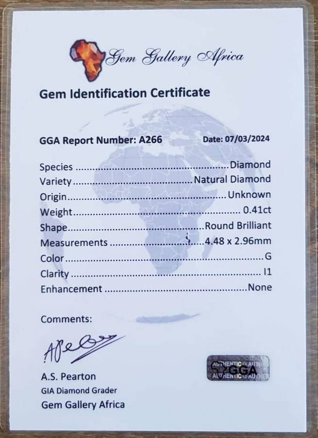 0.41Cts DIAMOND ROUND G/I1  **CERTIFIED**SPARKLING   NATURAL