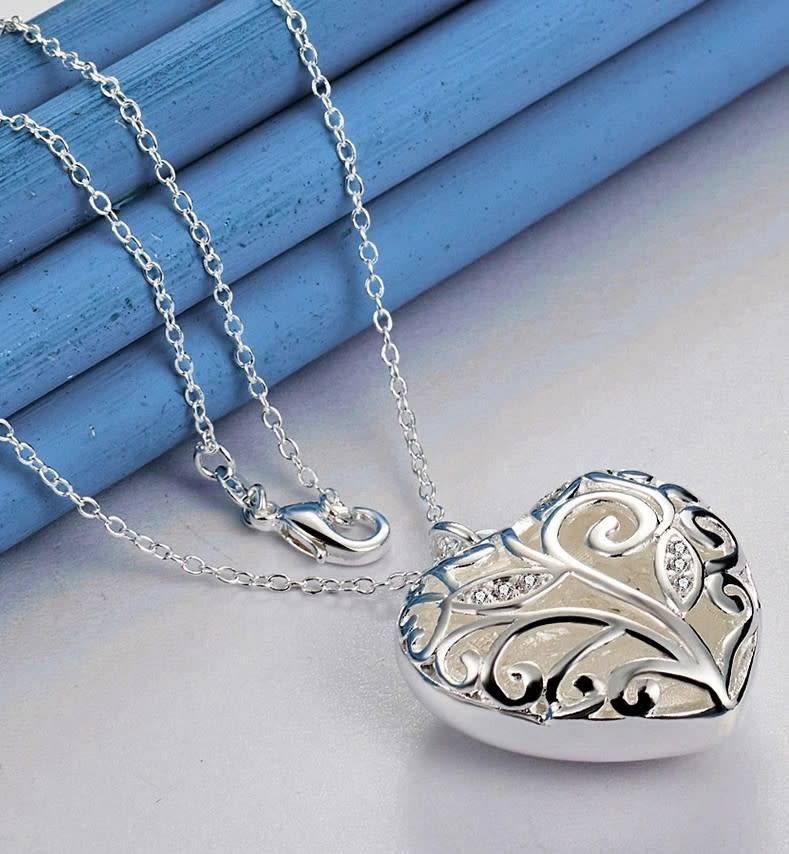Hollow Heart AAA Zircon Pendant Necklace 925 Sterling Silver