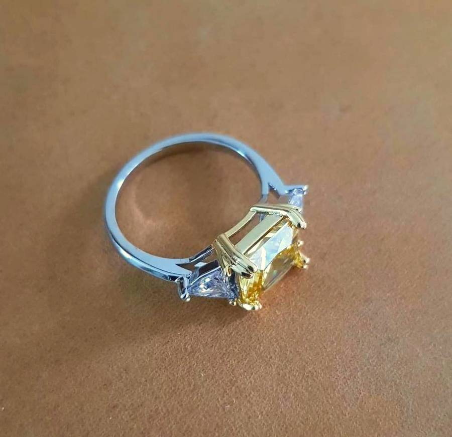 Yellow Radiant & Trillion cut Trilogy Ring 925 Sterling Silver pillow Gemstone