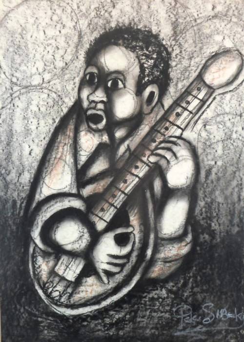 Peter Sibeko - Guitar player - A stunning mixed media treasure! Bid now!
