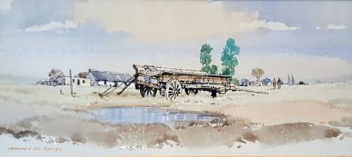 Johnnie de Kock - Farmscene with wagon - A beautiful watercolor!! Bid now!