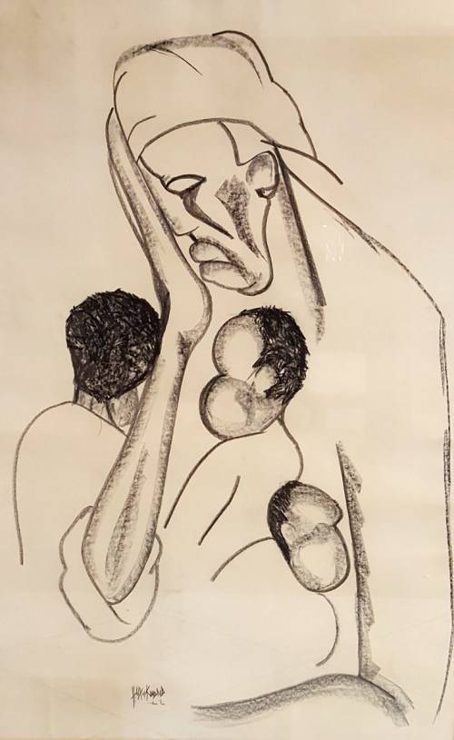 H Kudna - Despondent mother with children - A beautiful charcoal drawing! Giveaway price!