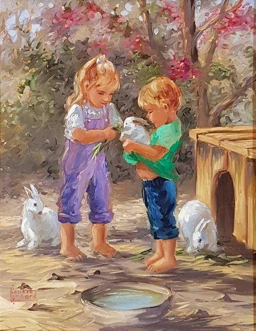 Lienkie Lombard - Kids with rabbits - A stunning oil painting! Such a beauty, bid now!
