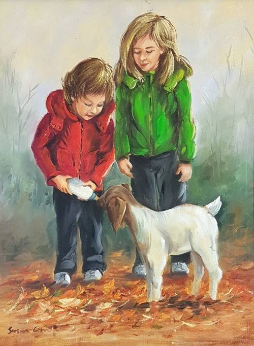 Susan Cronje - Kids feeding a lamb - Lovely art! - Low price! - Bid now!!