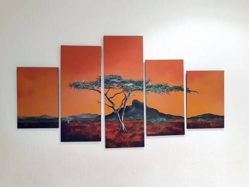 M Pelser - 5 Panel tree in a landscape - A magnificent treasure! Bid now!