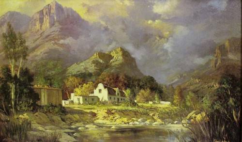 Gabriel de Jongh - Farmhouse and mountains - A beautiful print! Stunning frame! - Bid now!